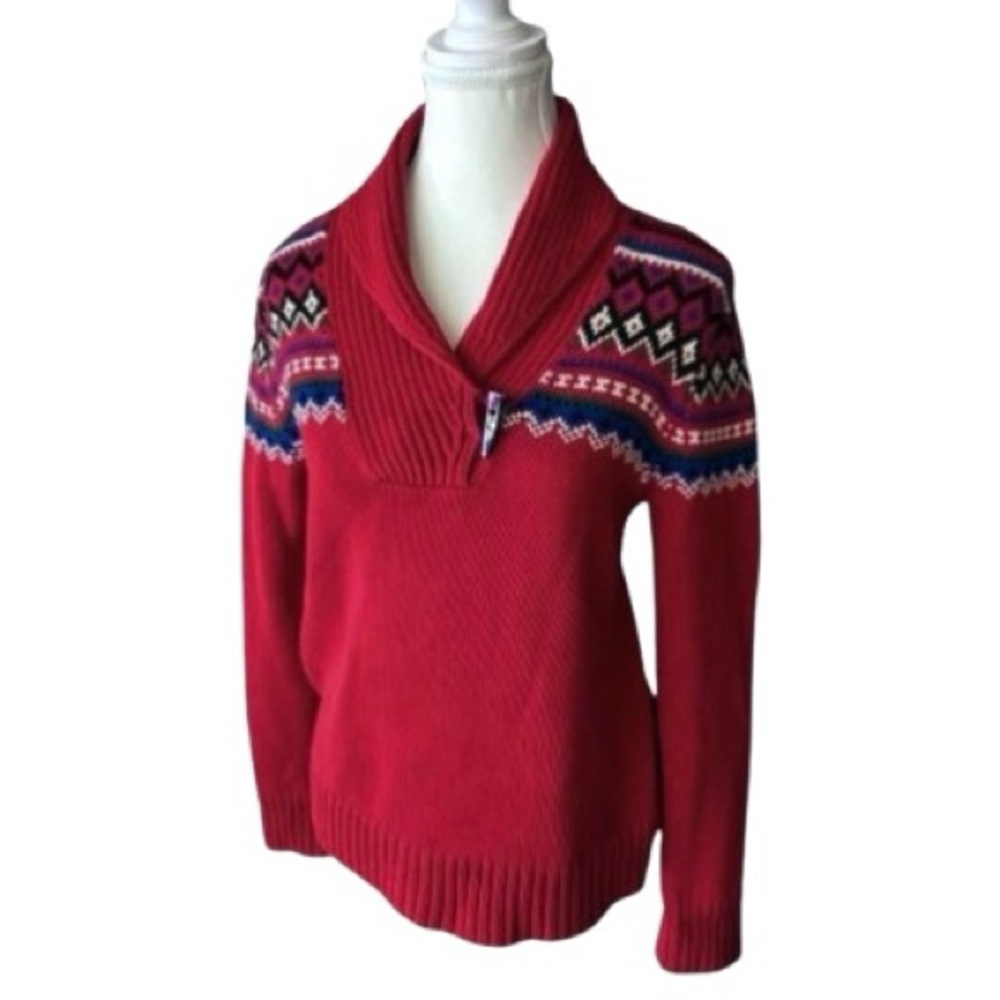Cotton Ralph Lauren Toggle Women's Red Sweater Fair Aisle Pattern Christmas